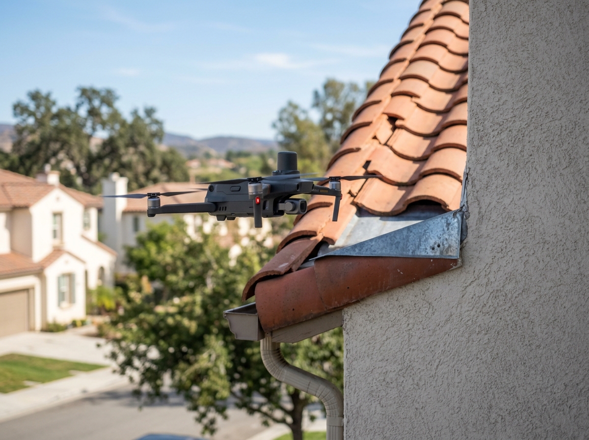 A small quadcopter drone hovering in mid-air near the edge of a red clay tile roof on a clear sunny day, focusing on a metal flashing detail where the roof meet