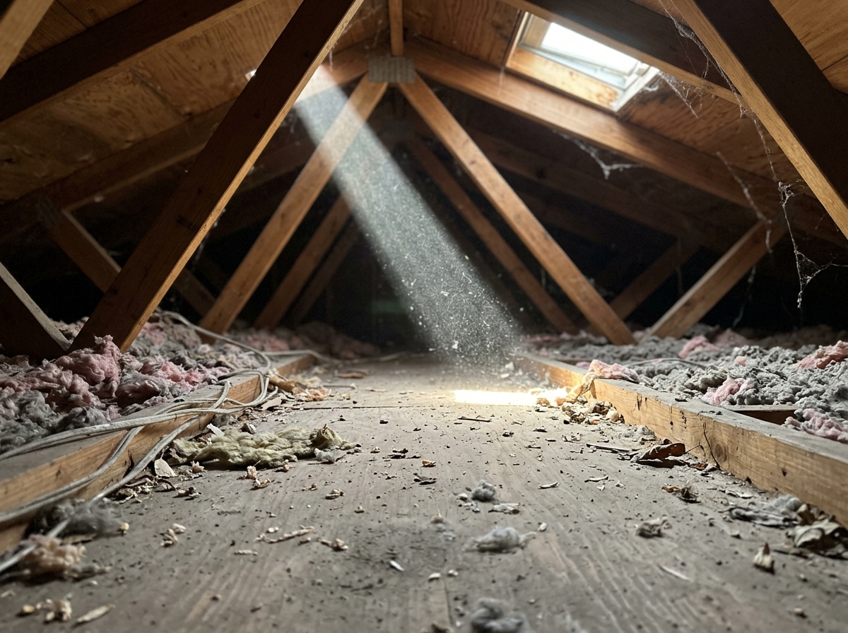A dusty attic floor with scattered debris near a roof vent, sunbeams illuminating floating particles in a suburban Southern California home — Temecula, Californ