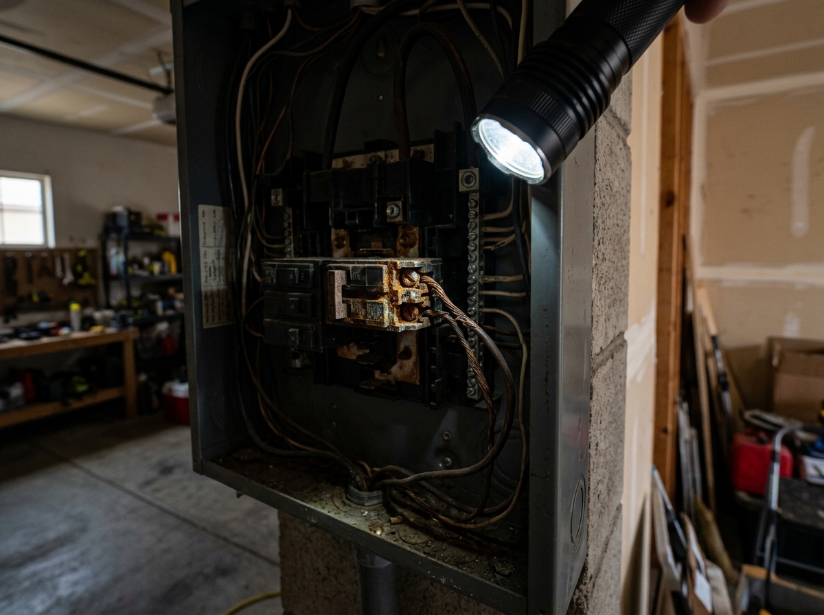 a rust-stained breaker terminal with a loose wire inside a residential panel, illuminated by a handheld flashlight in a dimly lit garage of a San Diego-area hom