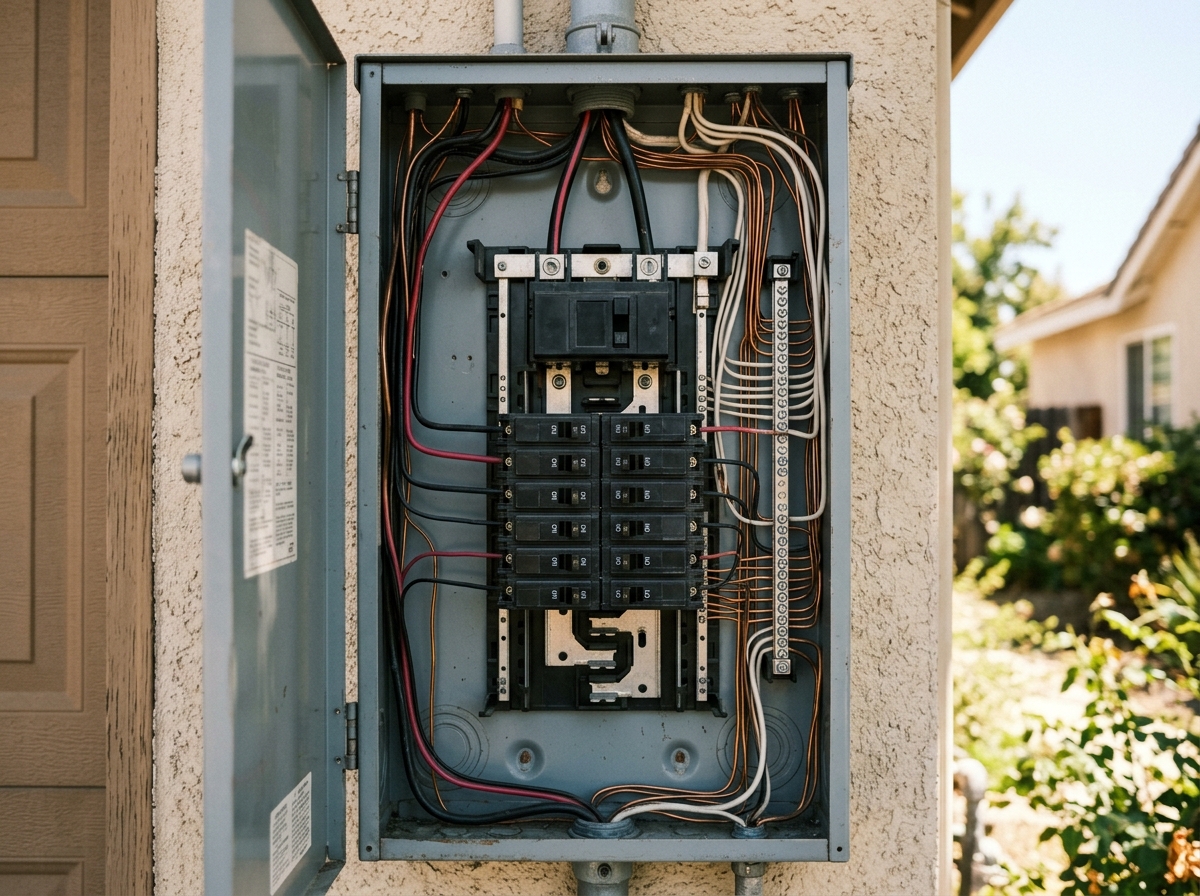 a close-up of a typical gray residential breaker panel opened on a single-family home in a Riverside suburb, showing the main breaker, rows of branch breakers,