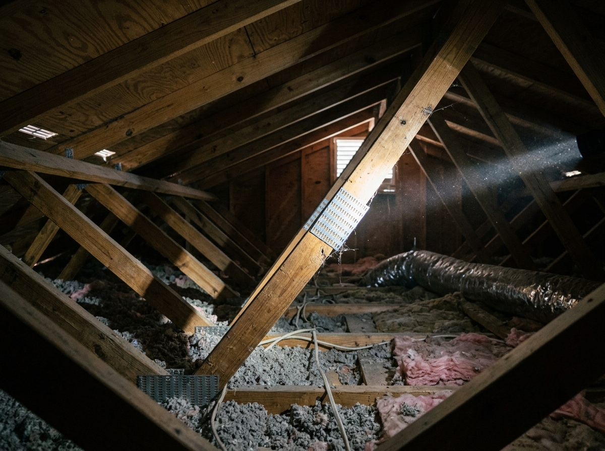 an attic interior with exposed wooden roof trusses, a flashlight beam illuminating metal gusset plates and insulation between joists — Temecula, California
