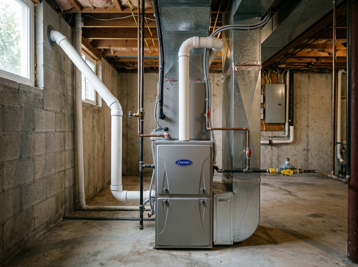 A gas furnace in a basement utility room of a Riverside home, with piping and a vent pipe visible. — Temecula, California