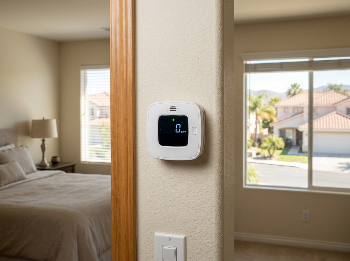 A battery-powered carbon monoxide detector mounted on a bedroom wall in a typical Temecula single-family home, showing the digital display. — Temecula, Californ