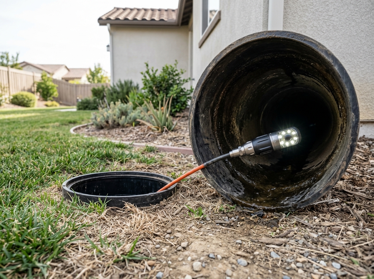 a high‑definition camera probe sliding inside a dark residential sewer pipe beneath a suburban backyard, with a small access hatch visible at the surface — Teme