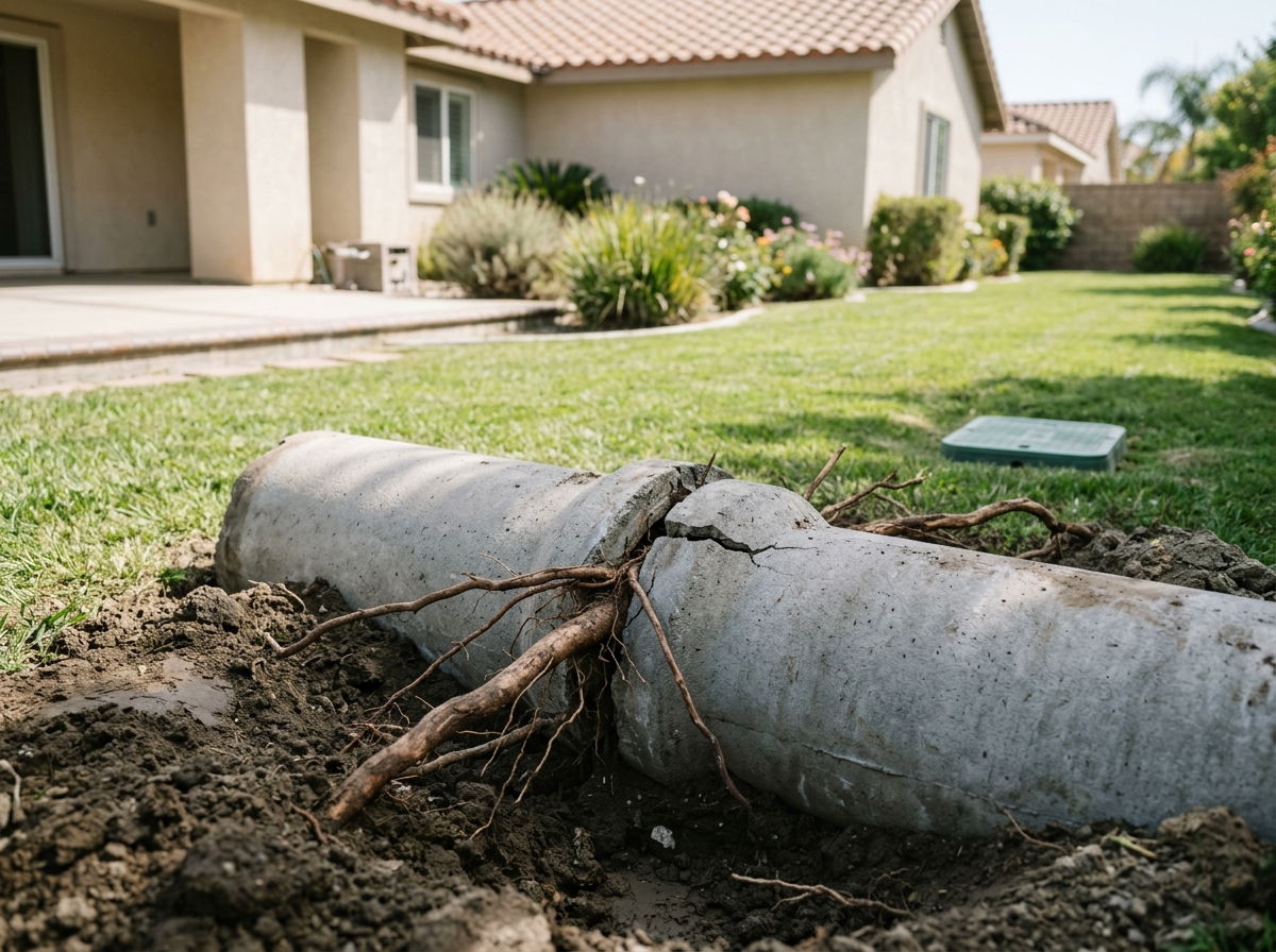 an exposed backyard concrete sewer pipe with visible tree roots growing into the joint, set against a sun‑lit suburban lawn in Riverside County — Temecula, Cali