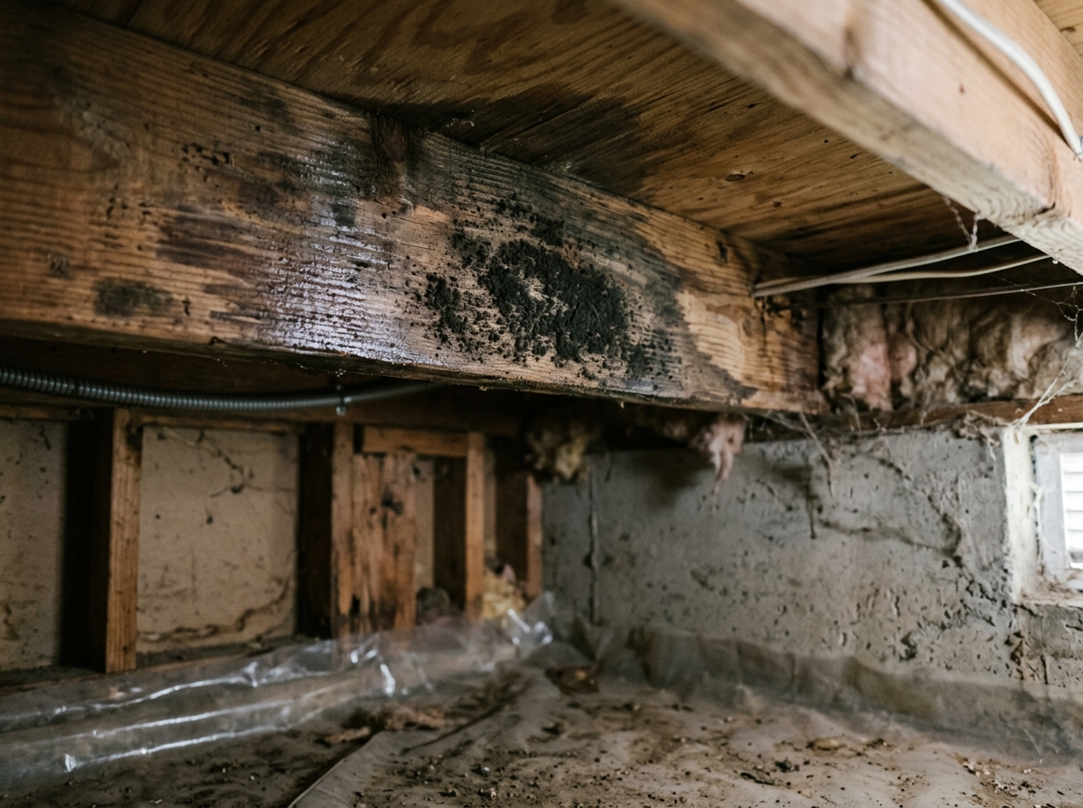 a close‑up view of a damp wooden joist with a small patch of black mold growing in a crawl space of a two‑story suburban home in Temecula — Temecula, California