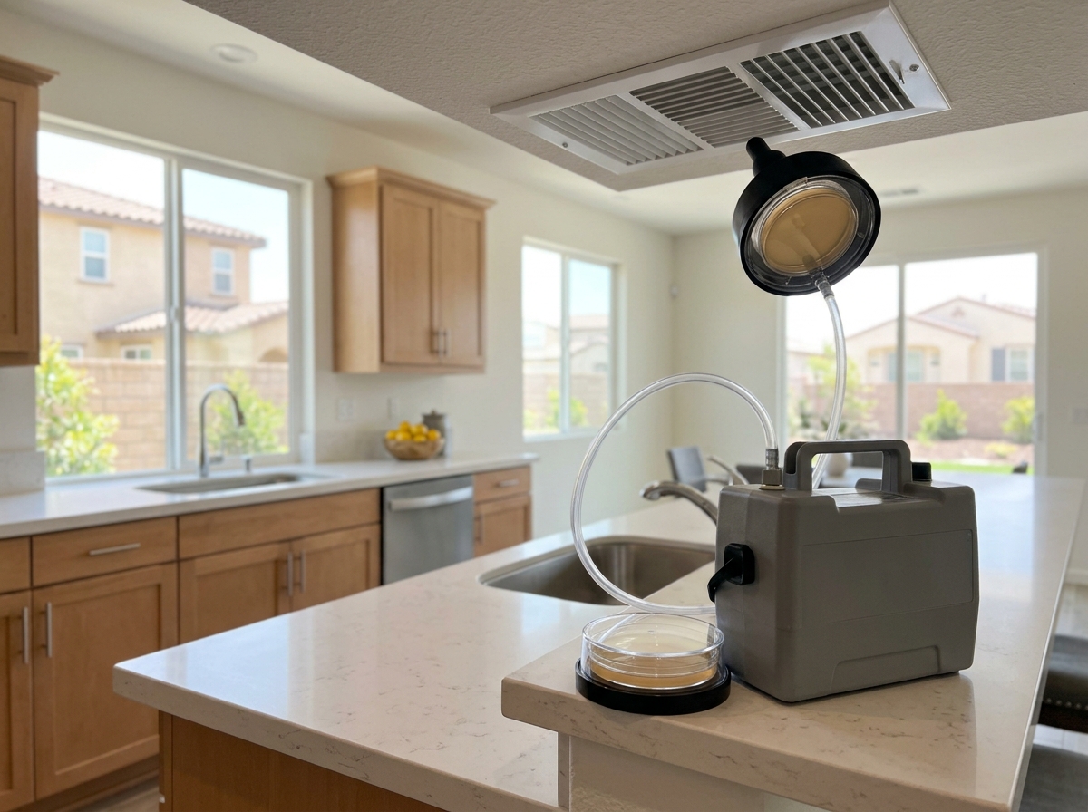 a portable air‑sampling pump with a sterile agar plate positioned near a vent in a modern kitchen of a residential property in the Inland Empire — Temecula, Cal