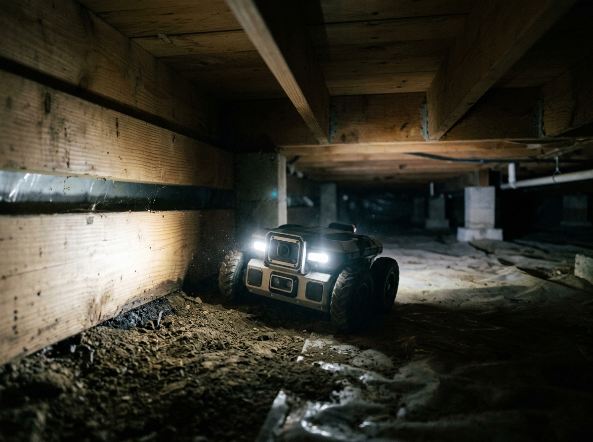 the CrawlBot robot crawling through a dark crawl space, its LED lights illuminating joist and soil contact in a modest Temecula residence — Temecula, California