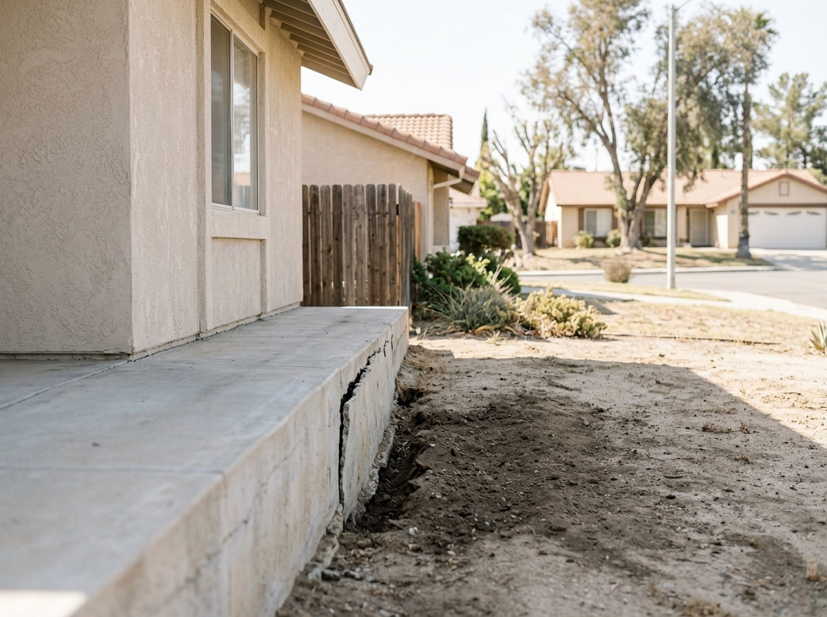 a cracked concrete foundation wall with exposed soil behind a single‑story ranch home in a Temecula neighborhood — Temecula, California