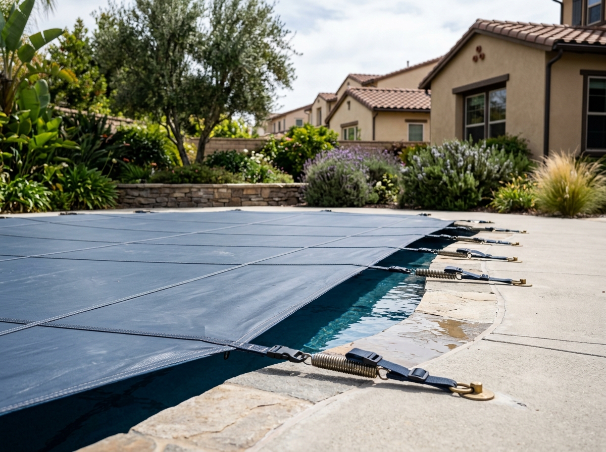 a close-up of a pool cover tightly secured over a blue water surface, with garden landscaping visible in the background of a Riverside backyard — Temecula, Cali