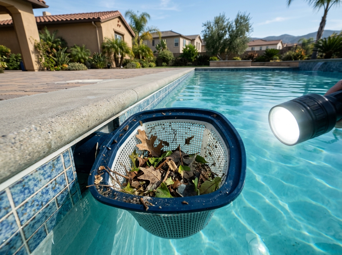 an underwater view of a pool skimmer basket with debris collected, illuminated by a pool inspection camera — Temecula, California