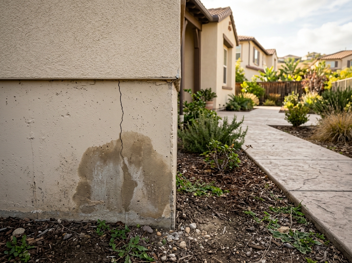 a close‑up of a foundation wall with a small crack and a visible water seepage stain in a backyard of a Temecula home — Temecula, California