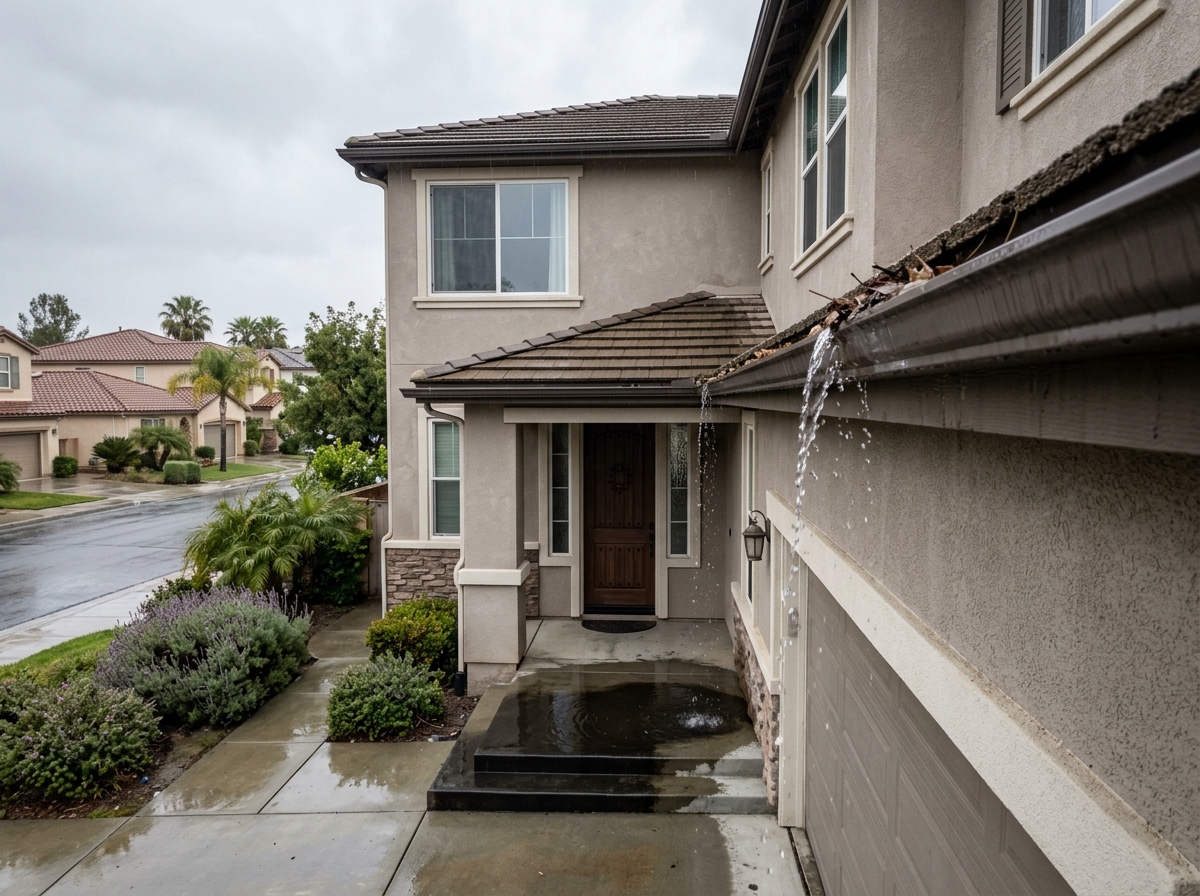 a residential two‑story home in a Temecula suburb with overflowing gutters and rainwater pooling on the front steps — Temecula, California