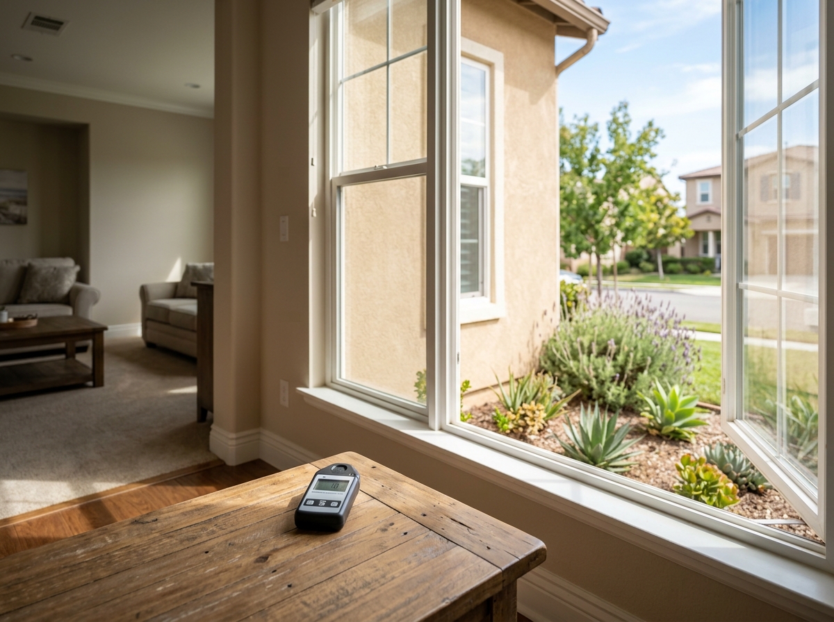 a two‑story suburban home in a San Diego neighborhood with a small garden, an open window on the ground floor, and a portable radon detector sitting on a coffee