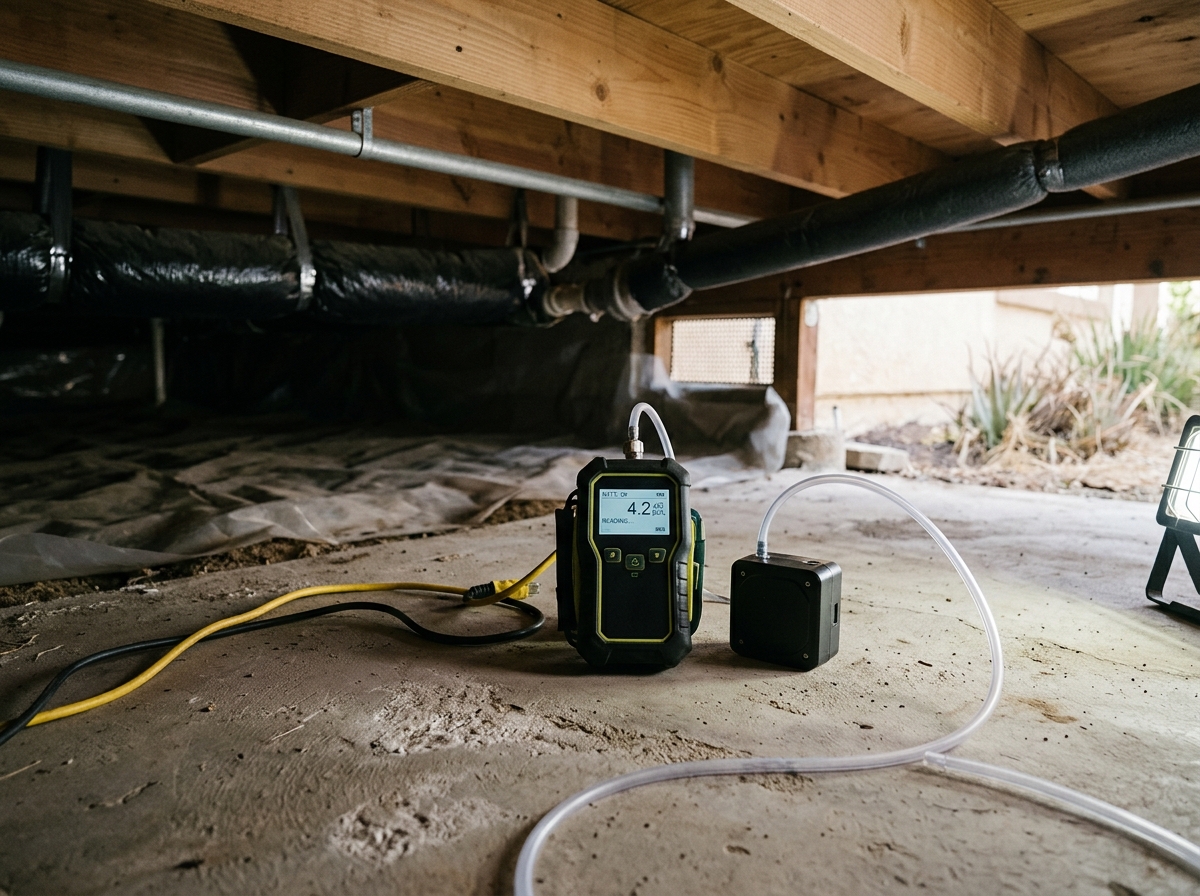a Marine One inspector setting up a digital radon monitor on the concrete floor of a single‑family home’s crawl space in Riverside, with a portable pump and a s