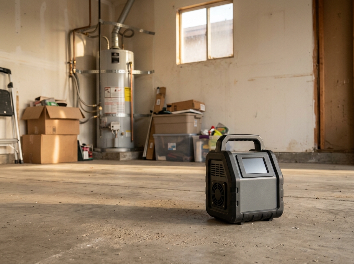 An electronic radon monitor sitting on a concrete slab floor in a closed-up garage with a water heater and stacked storage boxes nearby, late-afternoon light co