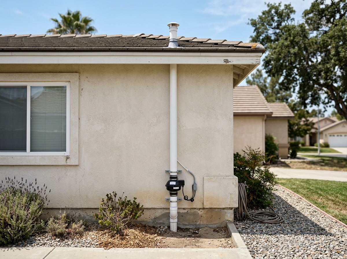 A white PVC pipe running vertically along the exterior stucco wall of a single-story house, equipped with a small electric fan unit near the ground level, typic