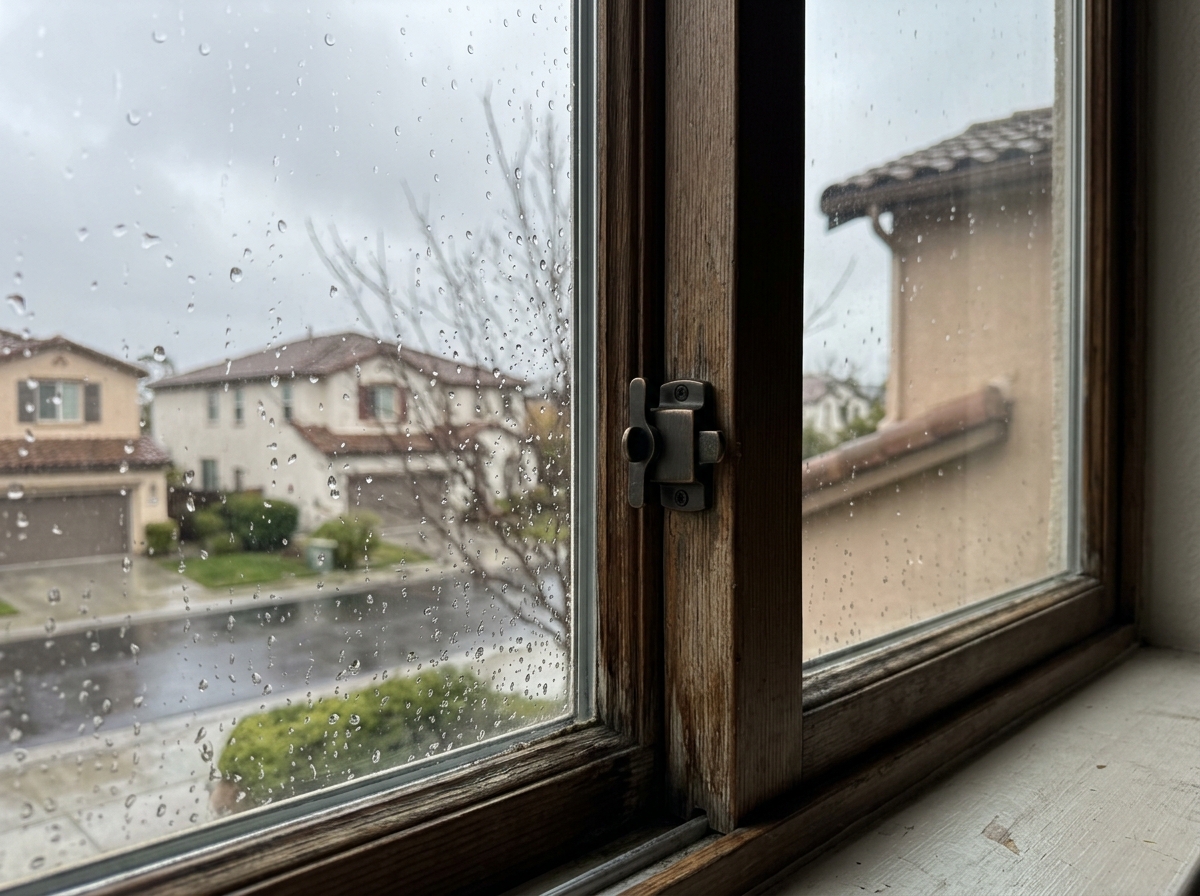 A close-up of a single-pane window with rain droplets on the glass, showing a reflection of a gray winter sky and a closed latch, indicating a sealed home envir