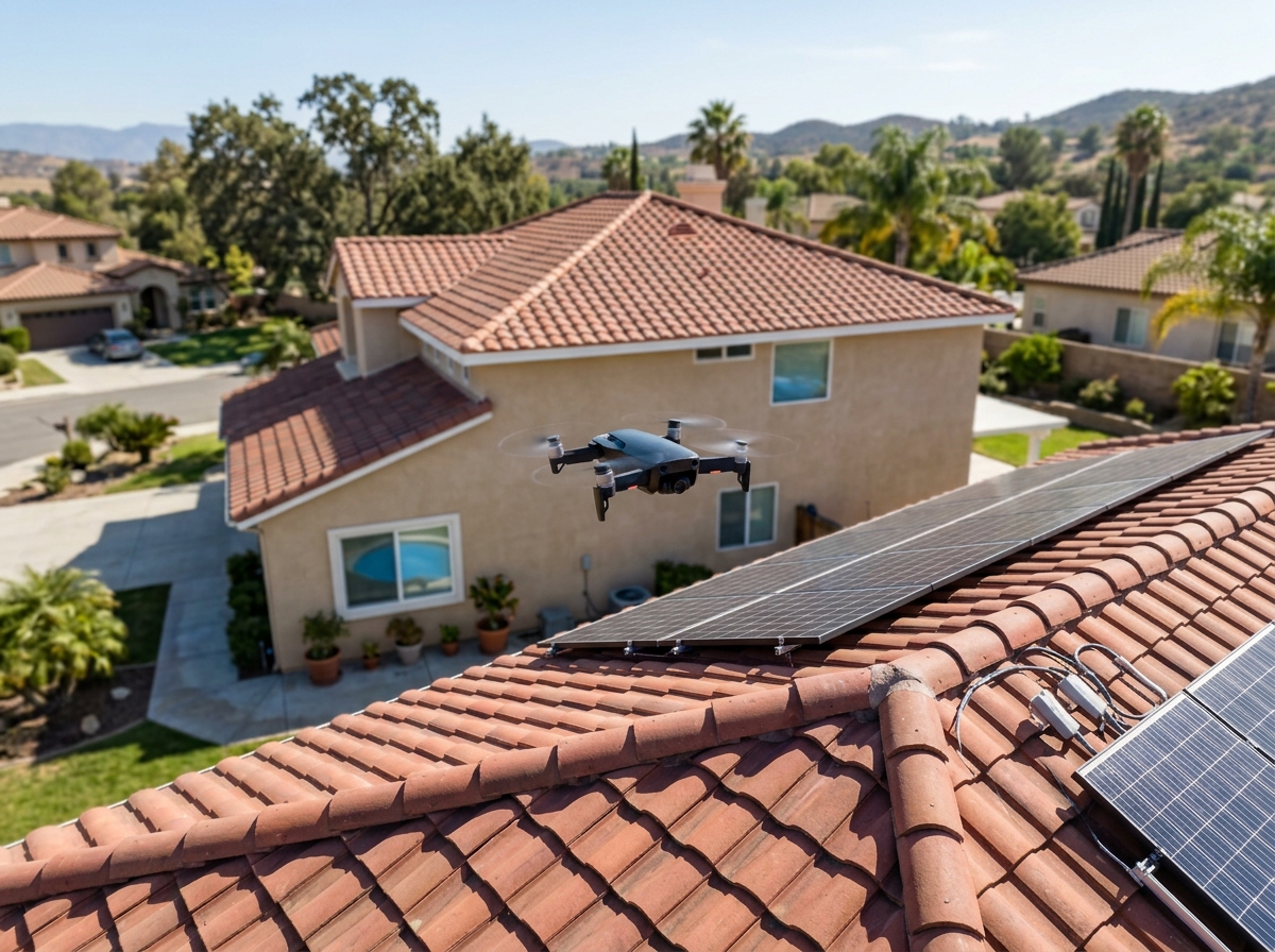 a compact drone hovering over a two‑story ranch‑style home with red tile roof and solar panels in a sunny Temecula neighborhood, capturing close‑up images of th