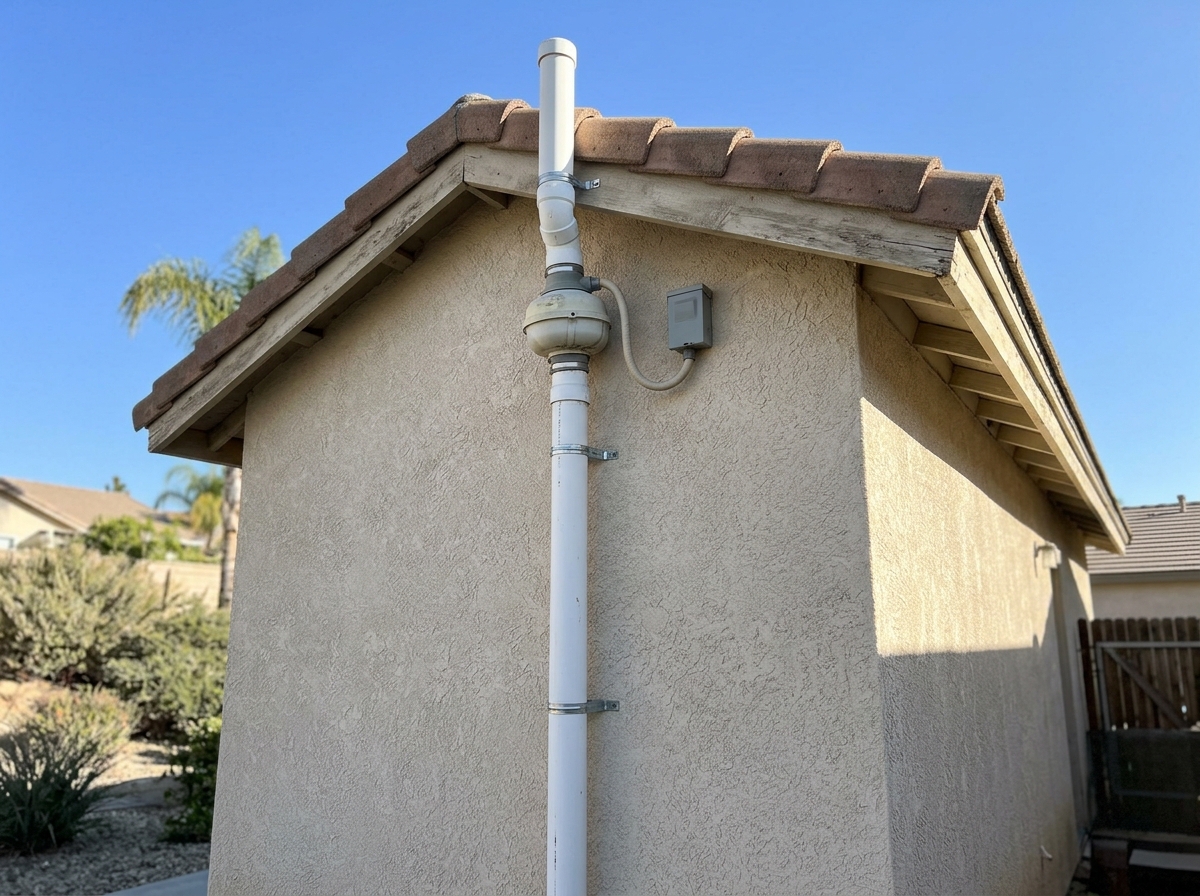 A white PVC radon vent pipe running up the exterior stucco wall of a single-story suburban home, with a small inline fan housing mounted near the roofline and a