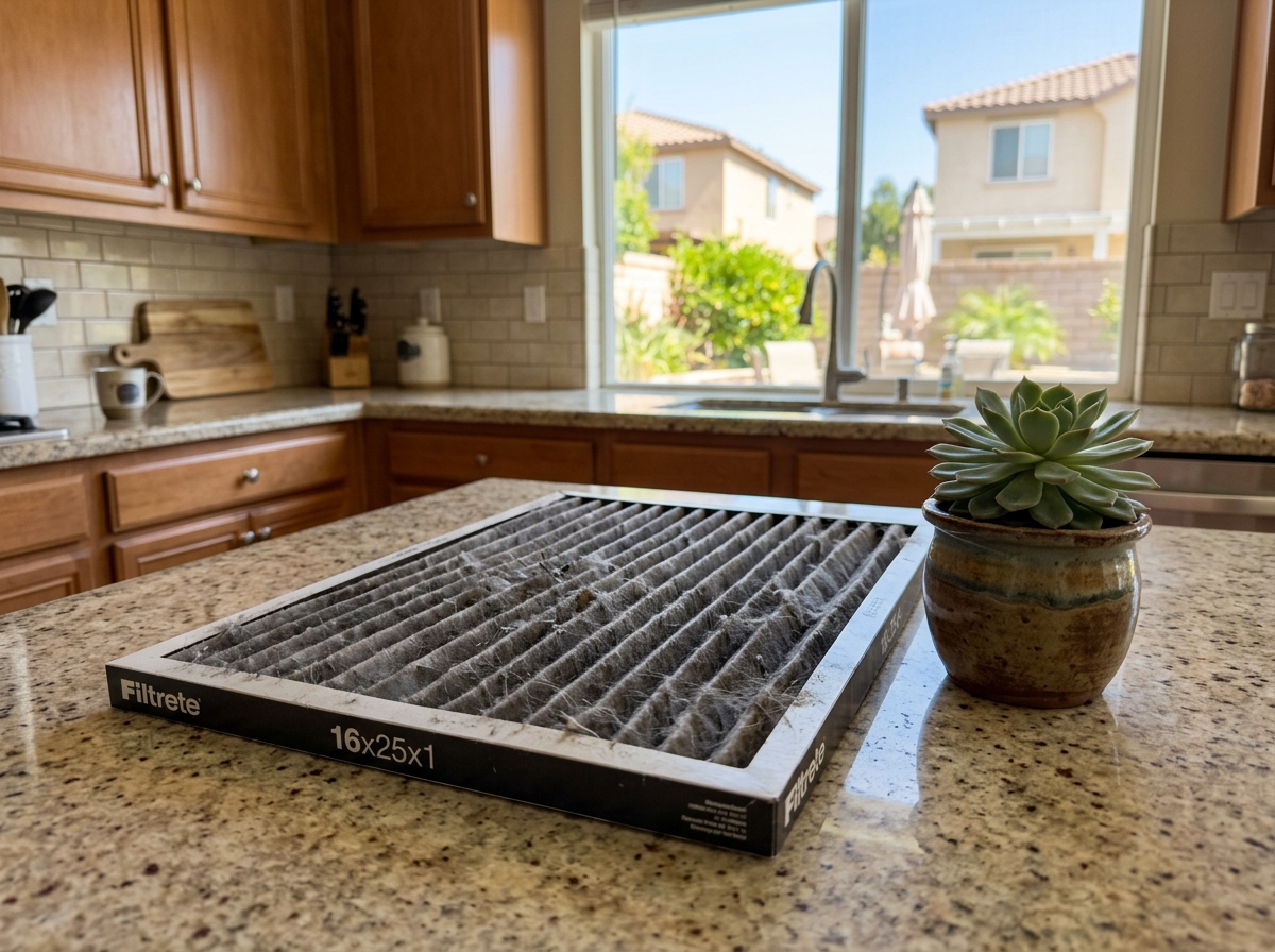 a dusty HVAC filter lying on a kitchen counter beside a potted plant in a Temecula home — Temecula, California