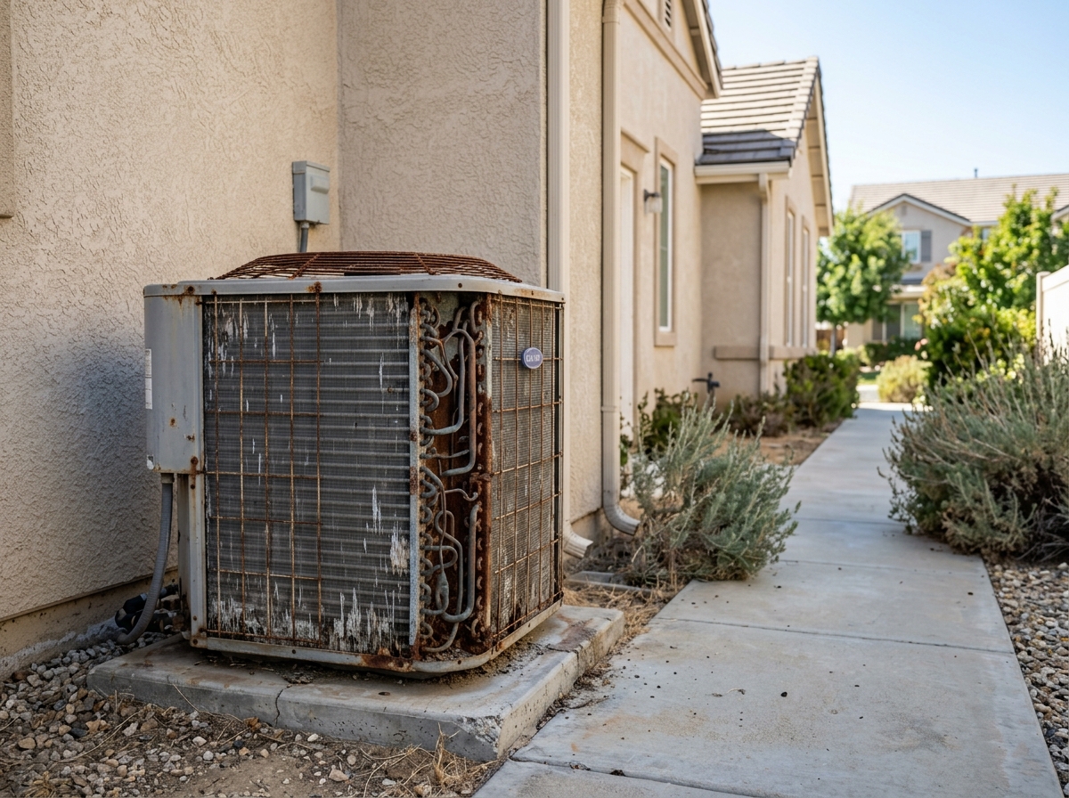 a rusted outdoor air‑conditioning condenser unit with visible coil corrosion on a two‑story suburban home in Temecula — Temecula, California