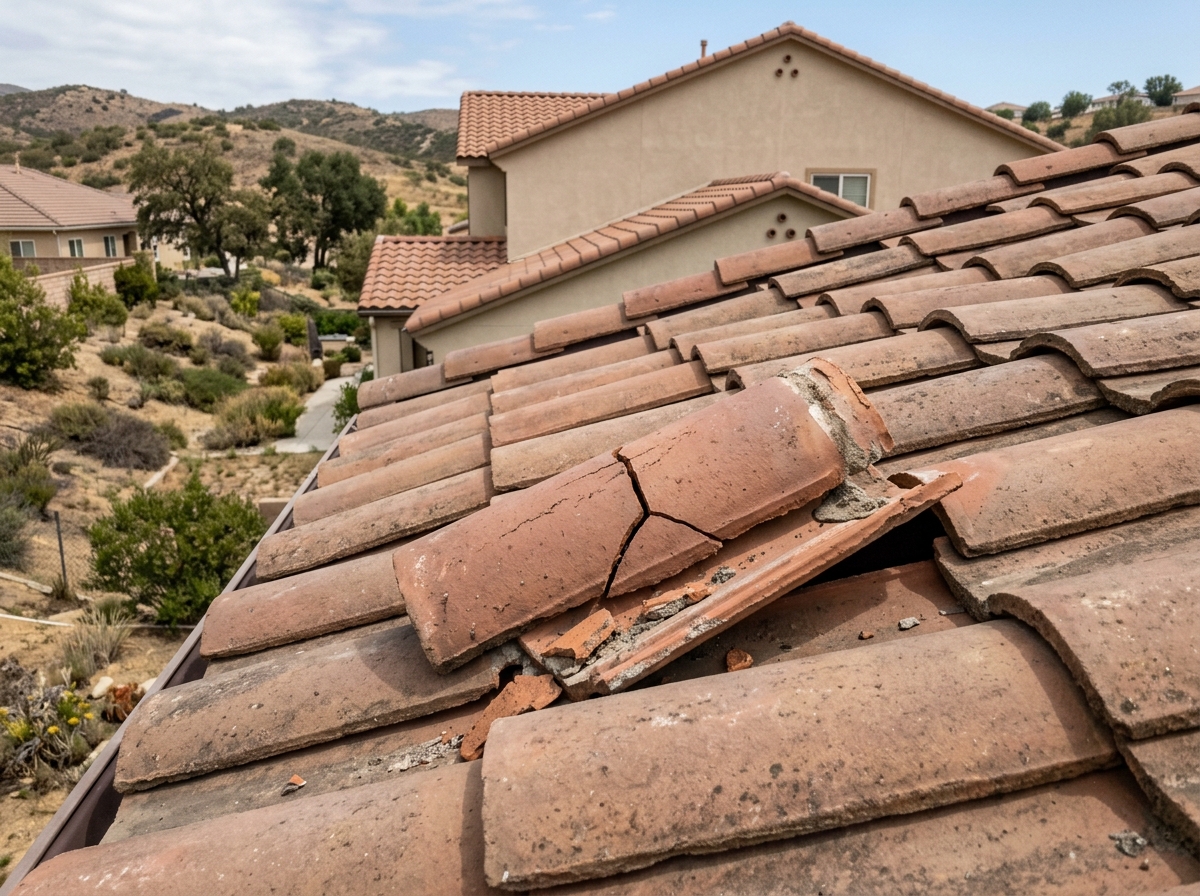 a cracked clay roof tile on a two‑story suburban home with dry, scrubby vegetation typical of Temecula foothills — Temecula, California