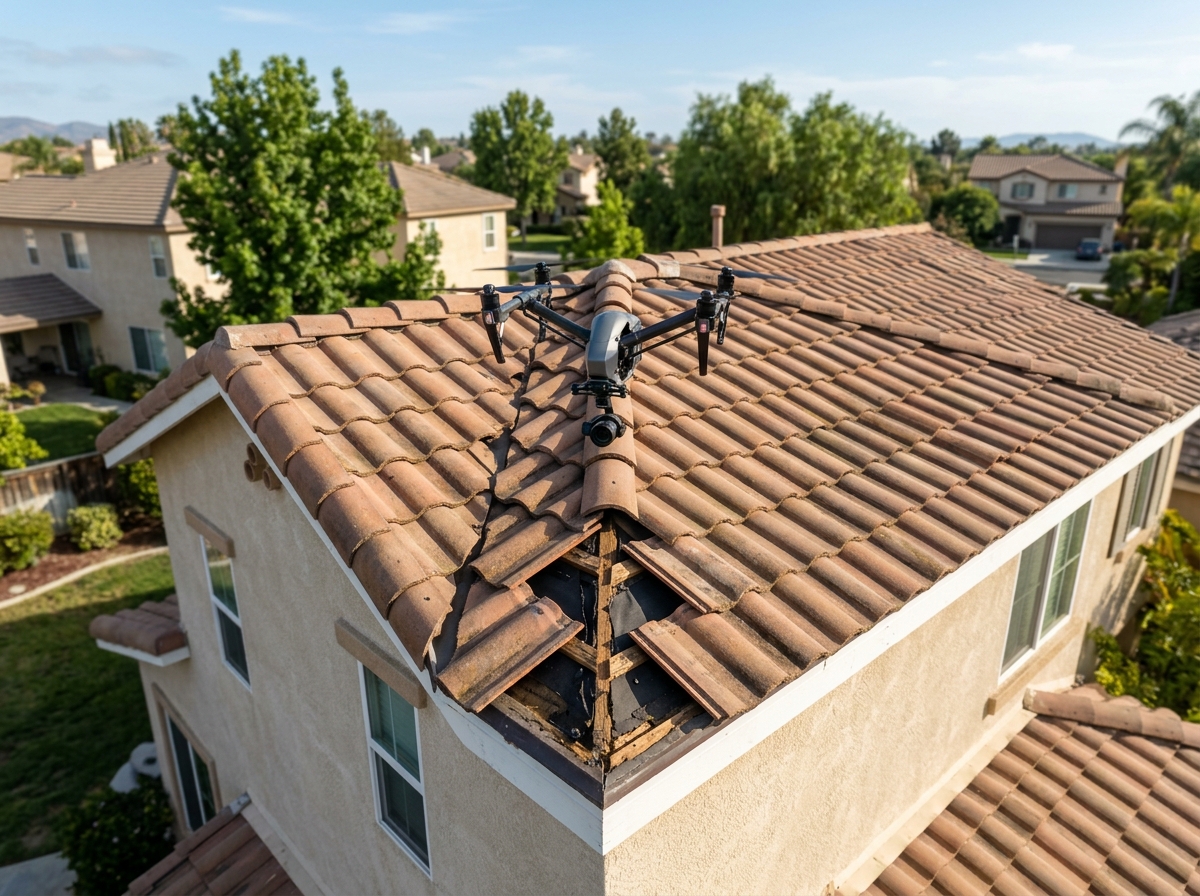 a drone hovering over a two‑story home with a tiled roof, capturing close‑up of a missing shingle on the southwest corner — Temecula, California