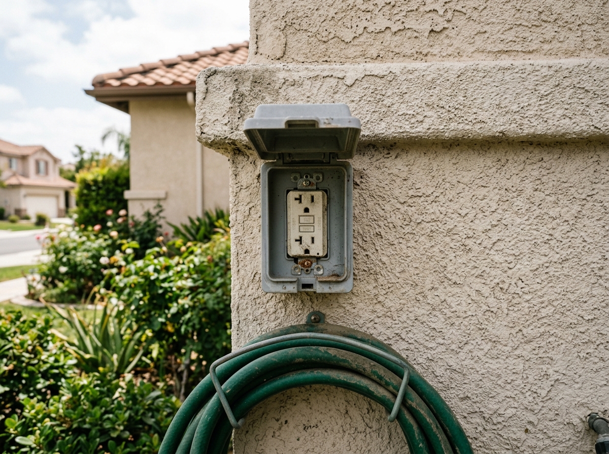 a close-up of a weathered outdoor GFCI outlet mounted on a stucco wall of a Temecula single-family home, with a garden hose nearby — Temecula, California