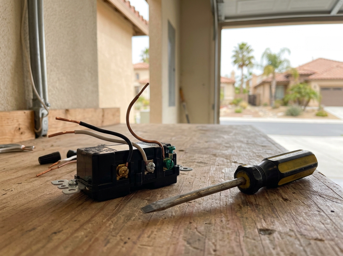 a new GFCI outlet being wired, showing the back of the device with copper wires and a screwdriver on a workbench — Temecula, California
