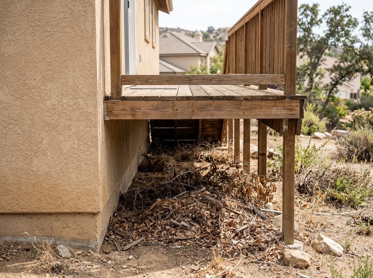 A wooden deck attached to a stucco home with dry brush and leaves accumulating underneath the deck railing. — Temecula, California
