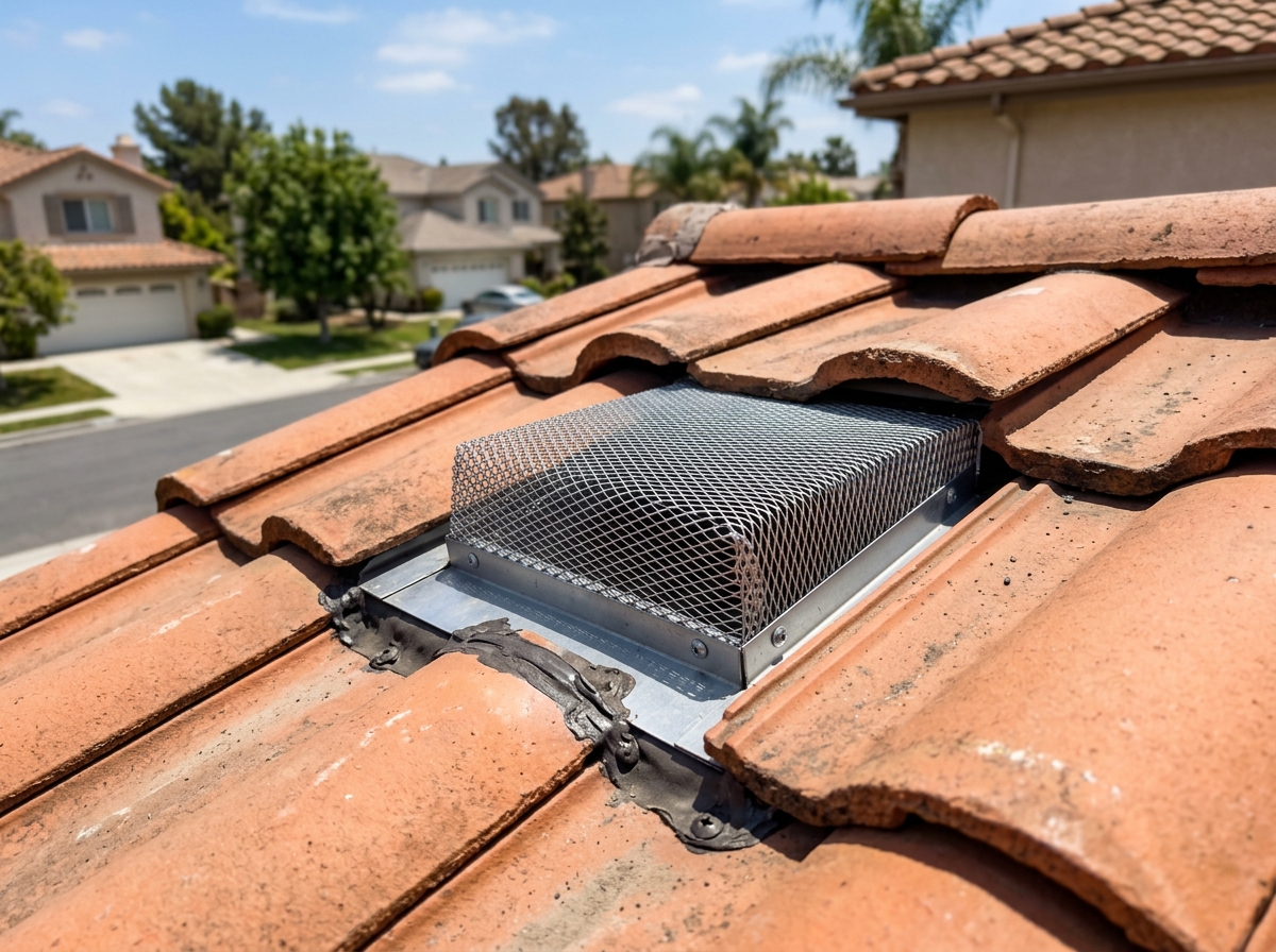 Close up of clay roof tiles with a metal ember-resistant vent screen on a residential home in Anaheim. — Temecula, California