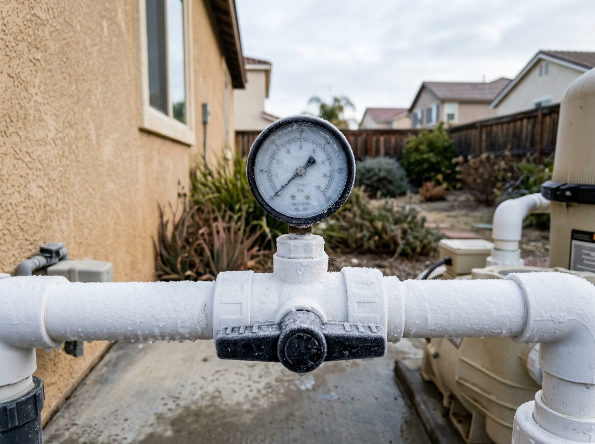 Close-up of frost on a plastic pool pipe valve and pressure gauge on a chilly morning in a suburban backyard. — Temecula, California