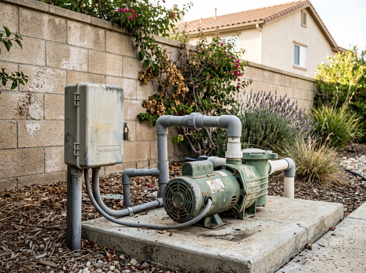 A weathered pool pump motor and filter timer sitting on a concrete pad near a block wall fence. — Temecula, California