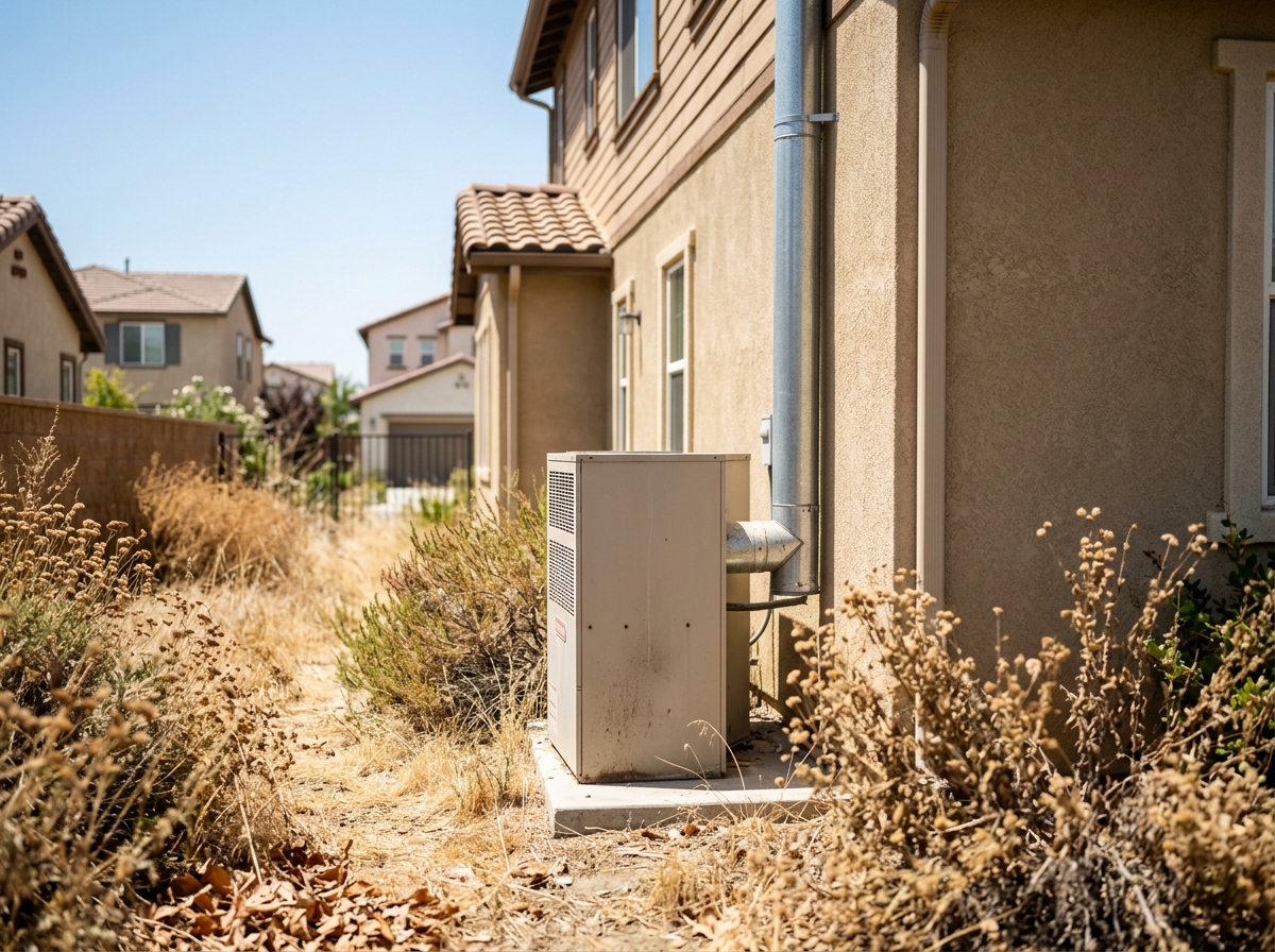 a backyard gas furnace with a vent pipe extending up the side of a two-story suburban home in orange county, surrounded by dry summer foliage — Temecula, Califo