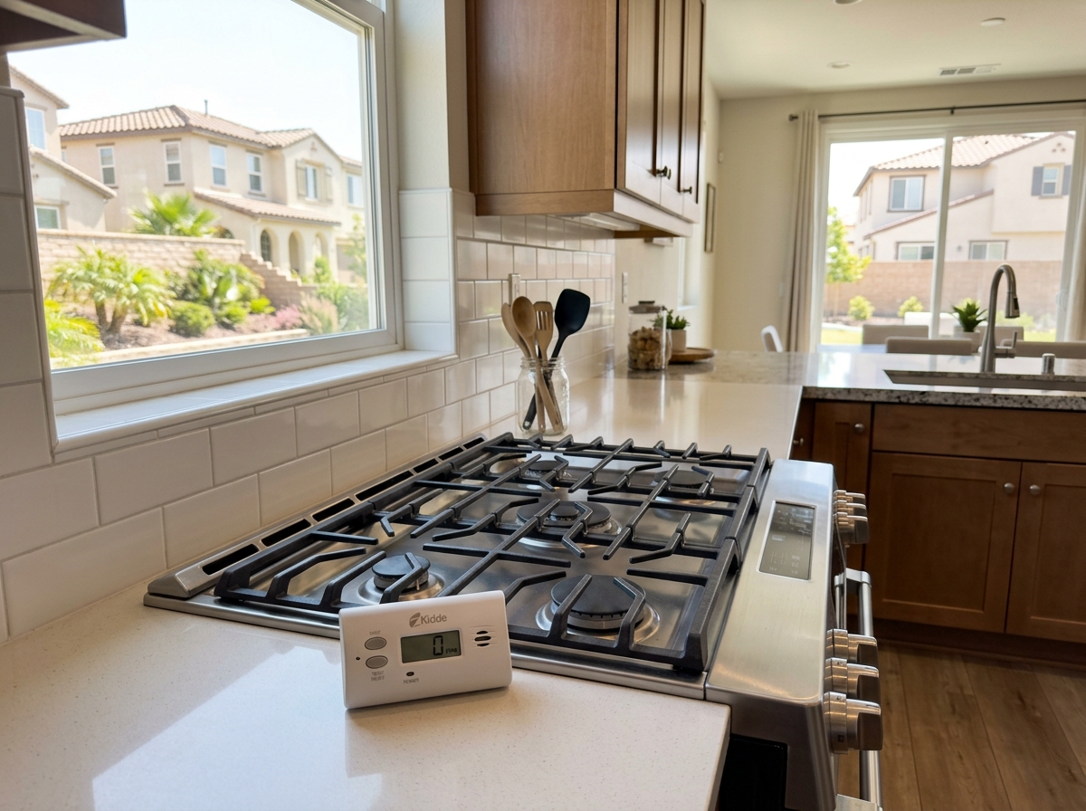 a handheld carbon monoxide detector placed on a kitchen counter next to a gas stove in a modern orange county home, with the detector's digital readout visible