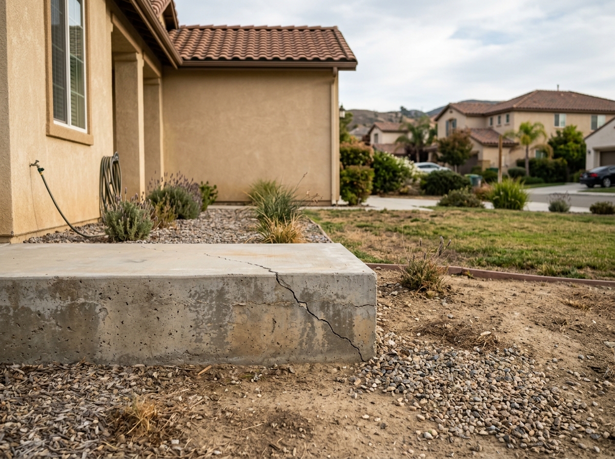 a residential home with a visible foundation crack on a slab in a suburban yard in Temecula — Temecula, California