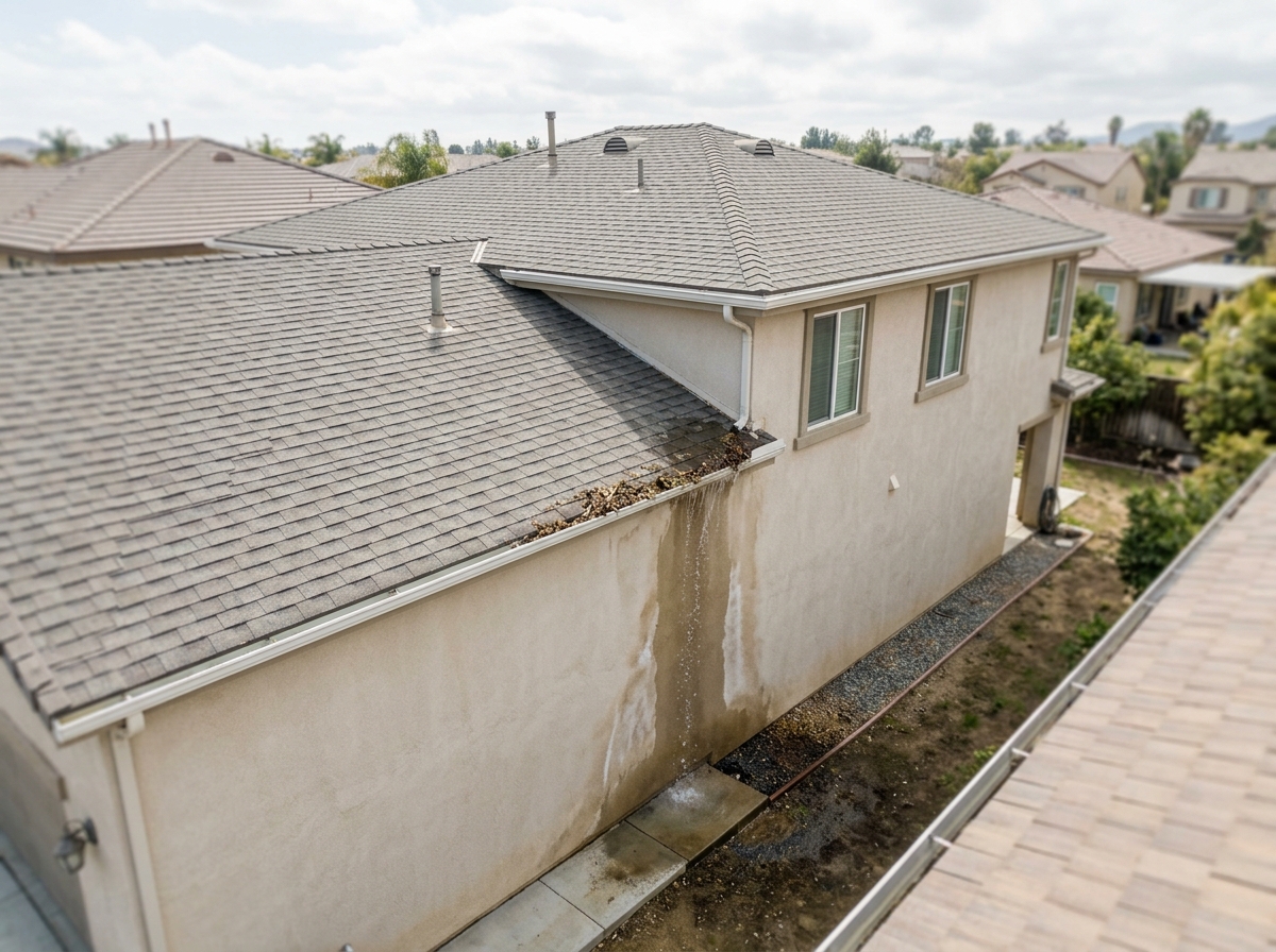 drone view of a roof with gutter overflow onto a foundation wall of a two‑story home in Riverside — Temecula, California
