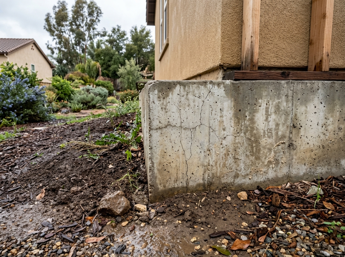 a residential foundation wall with visible hairline cracks and surrounding soil in a Temecula backyard after winter rain — Temecula, California
