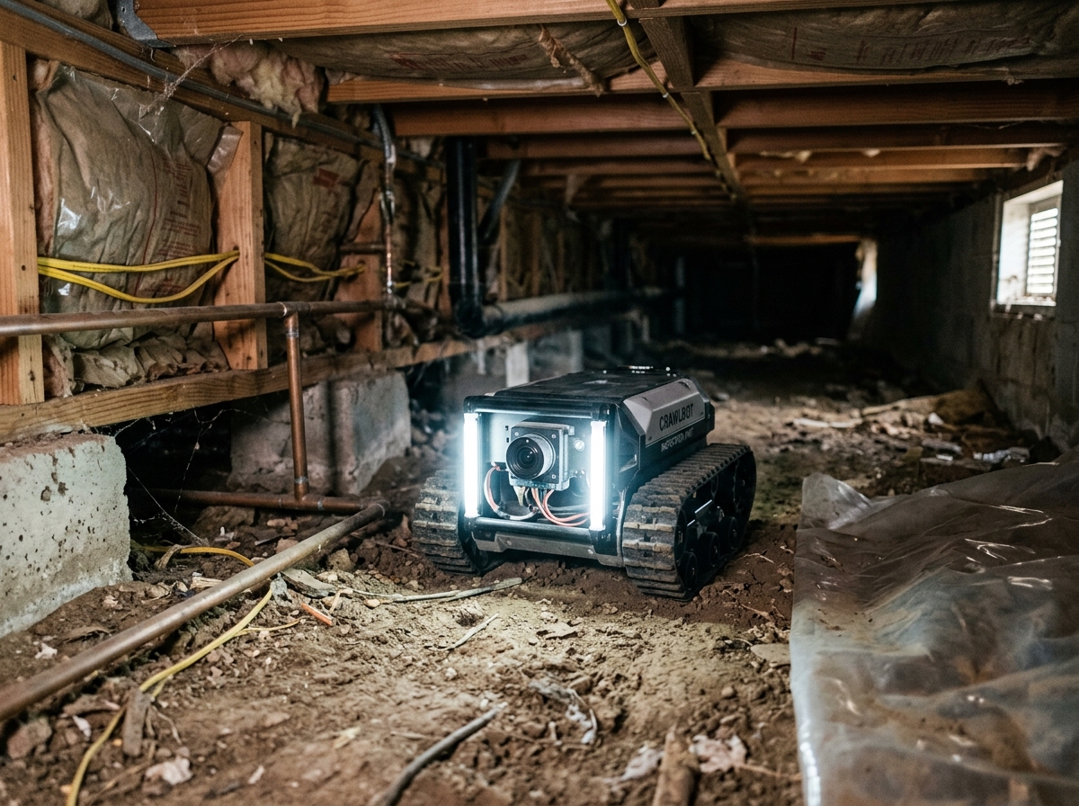 the CrawlBot robot navigating a narrow crawlspace tunnel under a two‑story home in a Riverside suburb, with fluorescent lighting highlighting the inspection cam