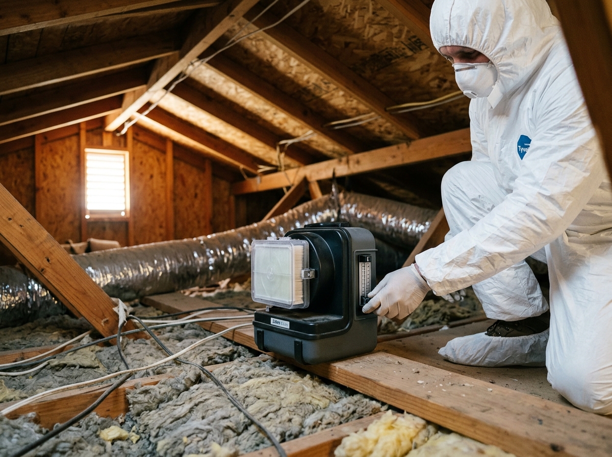 a professional in a protective suit setting up a portable air sampler in the attic of a ranch‑style home in the Inland Empire — Temecula, California