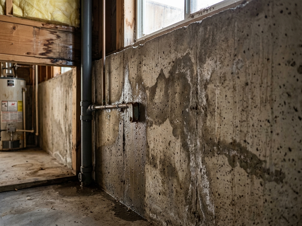 a damp basement wall with visible water stains and condensation droplets on a Temecula single‑family home — Temecula, California