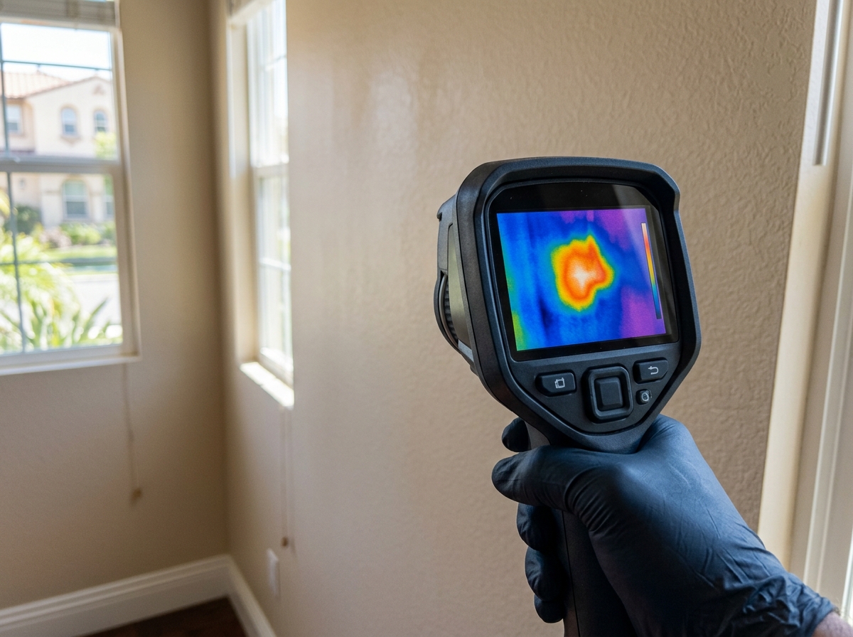 a close‑up of an inspector’s handheld thermal camera screen showing a hot spot on a wall inside a typical Temecula home — Temecula, California