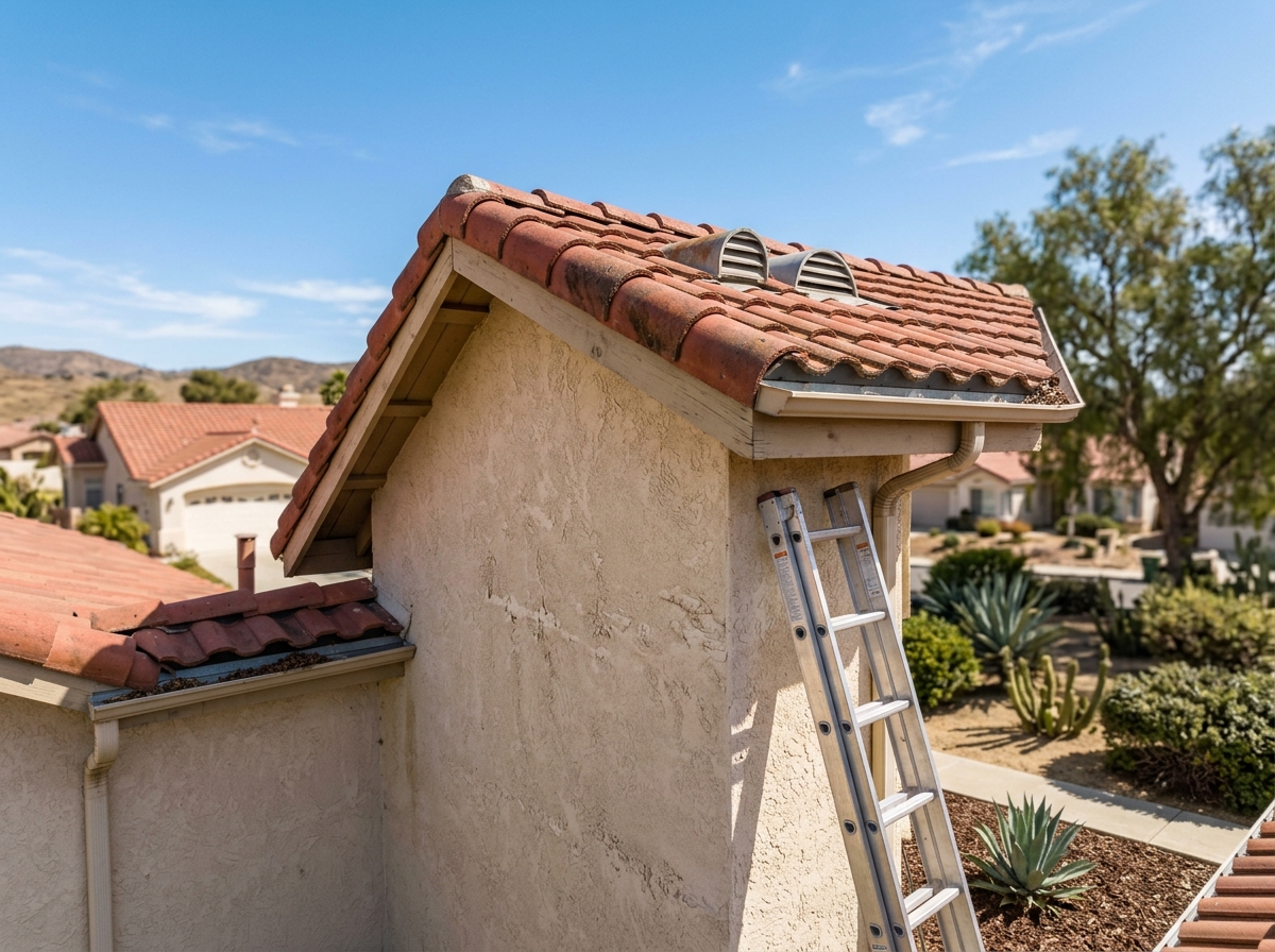 a residential home with a red tile roof and desert‑type landscaping under a clear blue sky, showing sun‑baked siding — Temecula, California