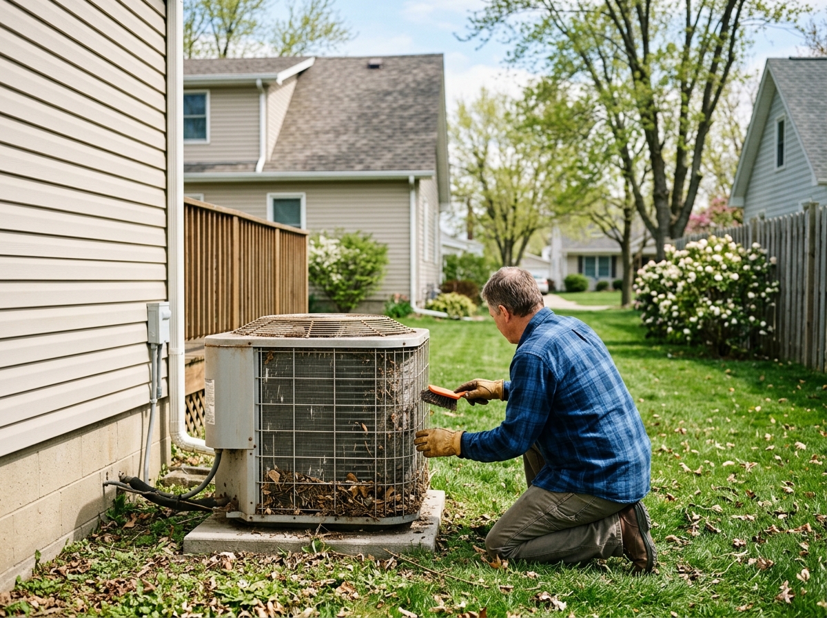 a homeowner kneeling beside a residential outdoor HVAC condenser unit, clearing leaves and debris from the coils on a sunny spring day in a suburban yard in San