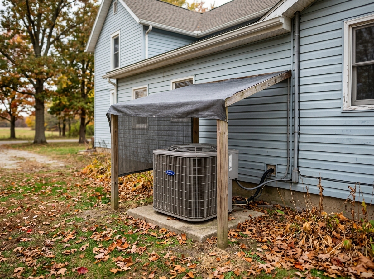 an outdoor HVAC condenser unit with a shade cloth overhead and a few fallen leaves scattered around, situated in front of a two‑story home in a rural area of Ha