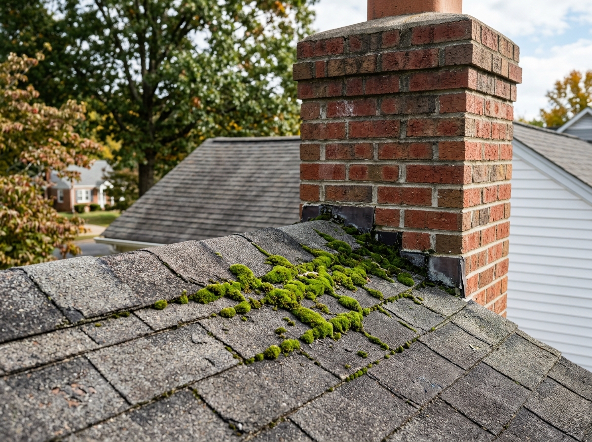 a close‑up of a wooden roof shingle with moss growing near a chimney on a suburban home in Harrisburg, NC — Harrisburg, NC