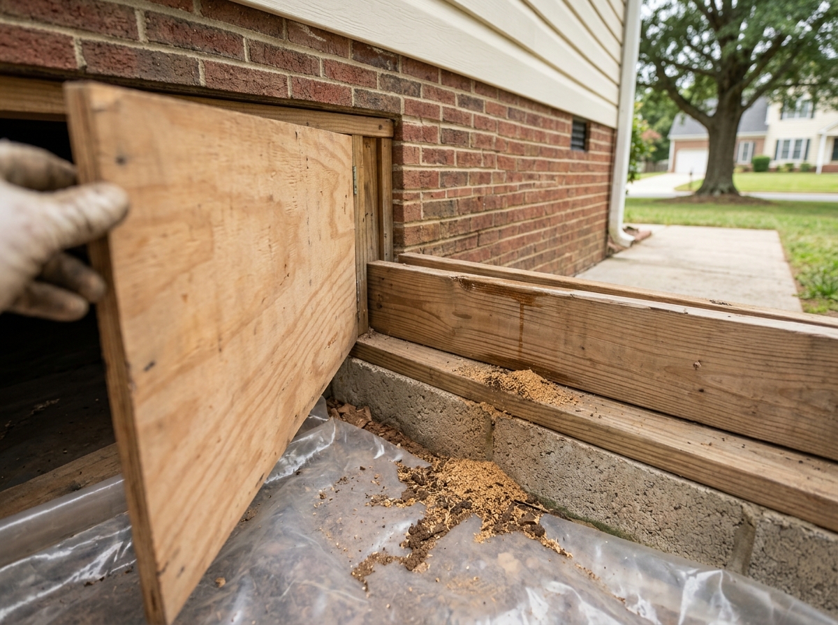 a crawl‑space entry with exposed joists, a visible condensation line, and a small pile of sawdust indicating possible termite activity in a home near Spencer, N